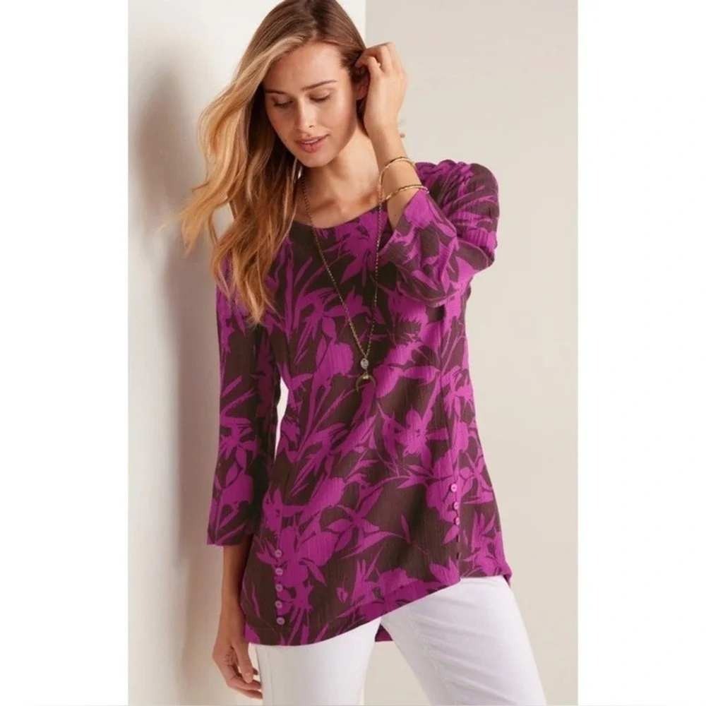 Soft Surroundings Oceo Guaze Tunic Top Size L Fuschia Tropical Print Ramie Blend